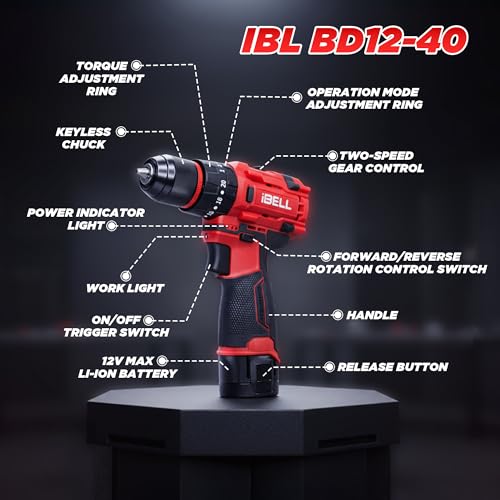 Image of IBELL BD12-40 12V Brushless Cordless Impact Drill | 1500mAh Battery | 2-Speed | 20+3 Torque Settings | 0-27000 IPM | Wood 20mm, Steel 10mm | Compact & Powerful Drill Machine | 12 Months Warranty