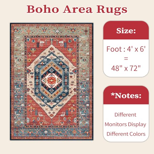 SERISSA Area Rug 4x6 Boho Rugs for Bedroom, Washable Non-Slip Living Room Rugs, Ultra Soft Vintage Print Distressed Rust Rug Low-Pile Throw Carpet for Entry Bedroom Nursery Kitchen Dorm Decor