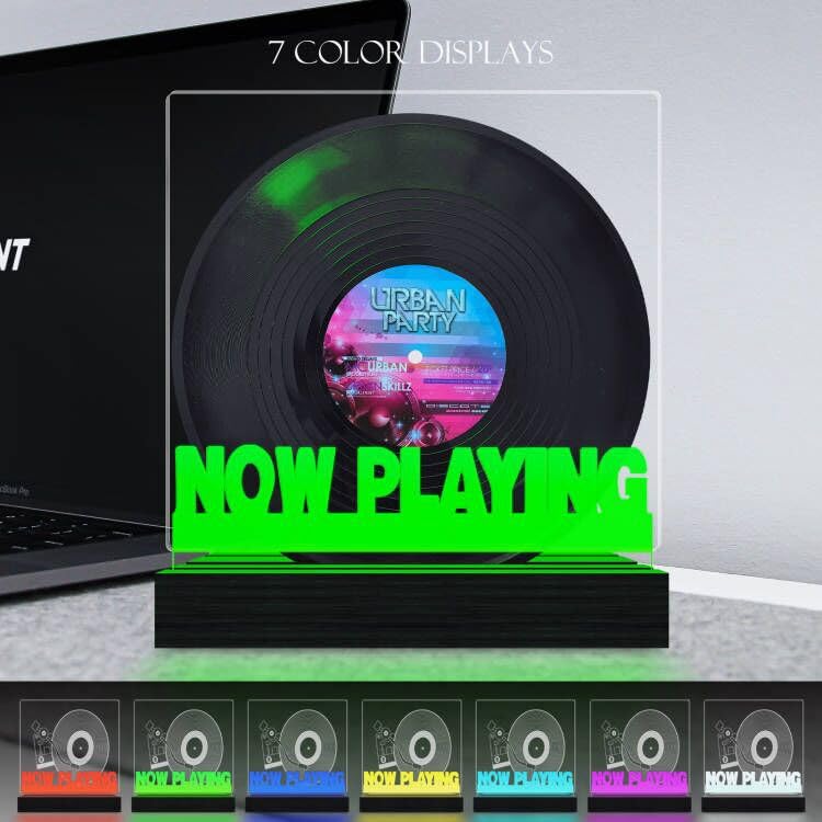 Masshomi Now Play Vinyl Stand 7 Colors Switch Switch Remote Control Dimming Timer USB Charging Retro Wooden Base Acrylic Panel Album Collection LED Display Night Light Lamp - Image 2
