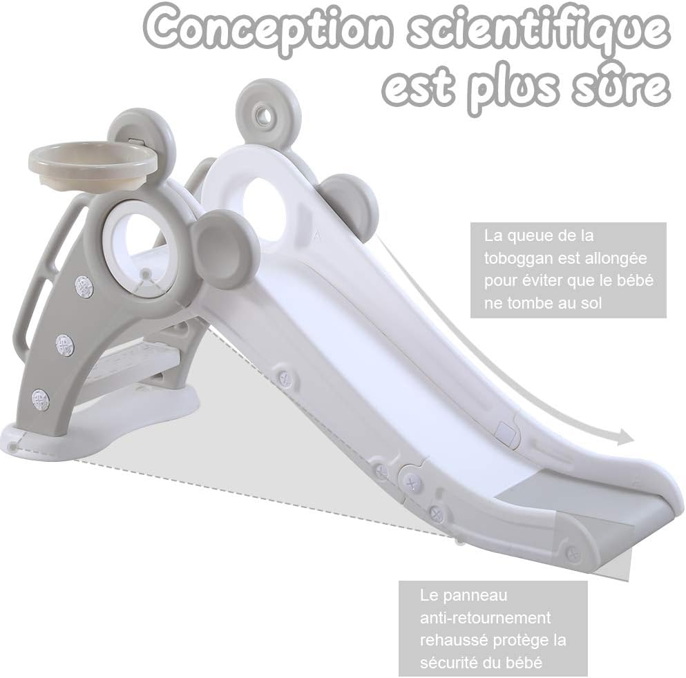 Image illustrating the scientific design for safety of the YOLEO children's slide, showing an extended tail buffer for soft landing and an anti-rollover panel for stability.