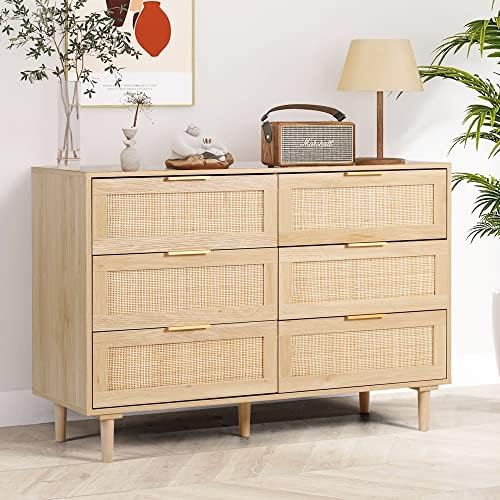 FUQARHY 6 Drawer Dresser Rattan Dresser Modern Chest with Drawers,Wood Storage Closet Dressers Chest of Drawers for Kids Bedroom,Living Room,Hallway (Natural)