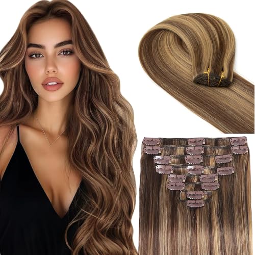 Image of Seamless Clip in Hair Extensions Real Human Hair Balayage Chocolate Brown and Honey Blonde 16inch /65g Human Hair Clip in Extensions 100% Human Hair Highlight Clip ins Extension for Women 8pcs