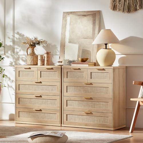 Image of LEYAOYAO Rattan Dresser for Bedroom, 33.5 inch Tall Chest of Drawers, Modern 5 Drawers Boho Dressers with Storage, Light Oak Dresser Wooden Closet Organizer for Living Room, Hallway, Natural Wood
