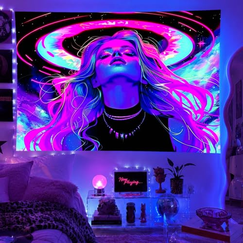 Image of BlissYard Blacklight Tapestry Bedroom Anime Girl Blacklight Tapestry 78x59 Inch Aesthetic UV Reactive Purple Tapestries Glow In The Dark Art Wall Hanging Poster Room Bedroom Party Backdrop Decor