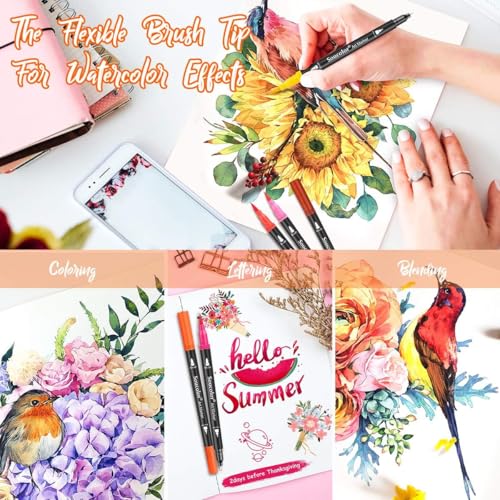 Image of Soucolor 24 Dual Tip Brush Markers,Water-Based Art Pens,for Coloring Books | 24 Vibrant Water-Based Colors,Brush + Fine Tip,Color-Coded,Plastic Case,Lettering,Coloring Books,Kids &Adults.