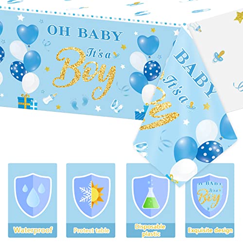 Image of Tevxj 3 Pack Baby Shower Tablecloths Plastic Blue Baby Boy Shower Decorations Gender Reveal Party It's A Boy Table Covers for Baby Boy Birthday Shower Party Supplies, 54 x 108 Inch