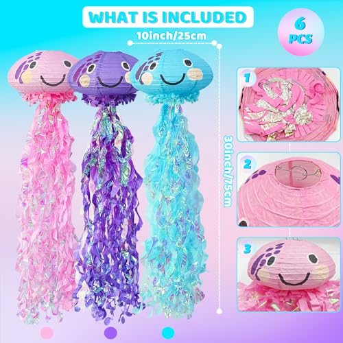 Image of Jellyfish Paper Lanterns, Under The Sea Party Decorations, Hanging Jelly Fish Paper Lantern with Smile Face Printed for Mermaid Theme Party Ocean Birthday Decoration Baby Shower Classroom Decor