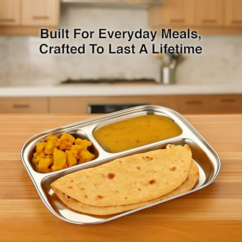 Image of EXPRESSO - Heavy Duty Stainless Steel Rectangle Dinner Plate w /3 Sections Divided Mess Plate /Thali /Bhojan Thali /Mess Tray /Dinner Plate | Plates for Lunch /Dinner Bhojan Plates Set of 5 Pcs