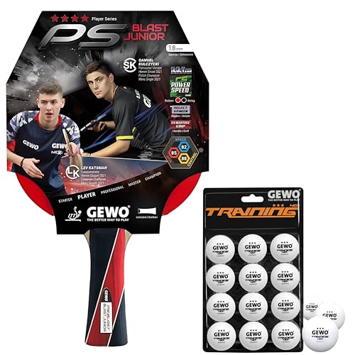 GEWO PS Blast Junior Tischtennisschläger & GEWO Tischtennisbälle Training 40+ - ITTF genehmigter Anfänger-Tischtennisschläger für Kinder, 1,8mm Schwamm + 3 Sterne Tischtennis-Ball, 12 Stück