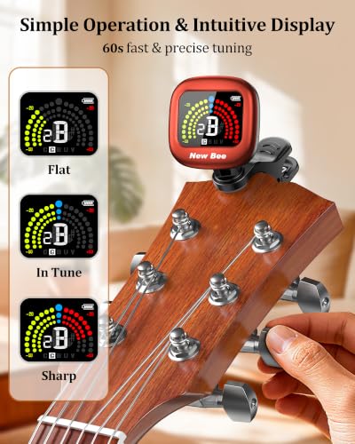 Image of New bee Guitar Tuner Rechargeable, Color Screen Clip On Tuner (Red, 1 Pack)