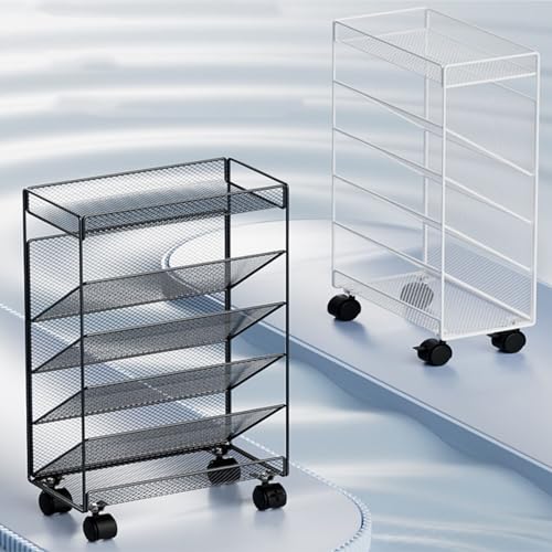 Libreria mobile su ruote, carrello di rotolatura stretto con carrello di progettazione e stoccaggio Tilt, rack di riviste in metallo per piccoli spazi, organizzatore laterale della scrivania sottile c
