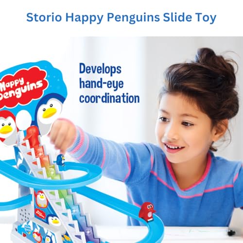 Image of Storio Penguin Slide Track Set Toys for Kids - Penguin Stair Climbing Toys for Kids, Escalator Toy with Lights and Music with 3 Penguins