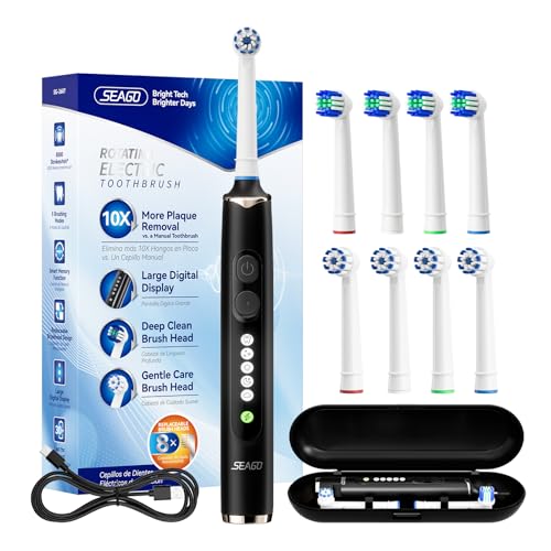 Image of SEAGO Rotating Electric Toothbrush for Adults - 8 Replacement Heads (4 Soft /4 Hard), IPX7 Waterproof, 5 Modes with Memory Function, 2-Minute Timer, USB Type-C Rechargeable (SG-2607-Black