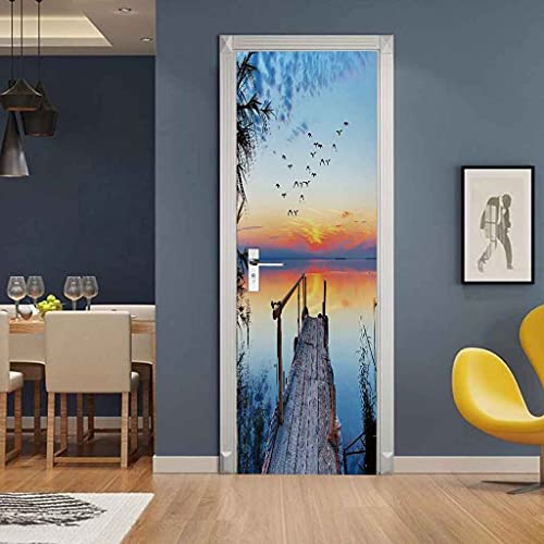 JTGCZI Autocollants De Porte 3D Paysage de lac coucher de soleil Trompe L'Oeil Stickers Porte Poster Couloir 3D Papier Peint Porte Pour Salon Chambre Décoration De La Maison Stickers Muraux 77X200Cm