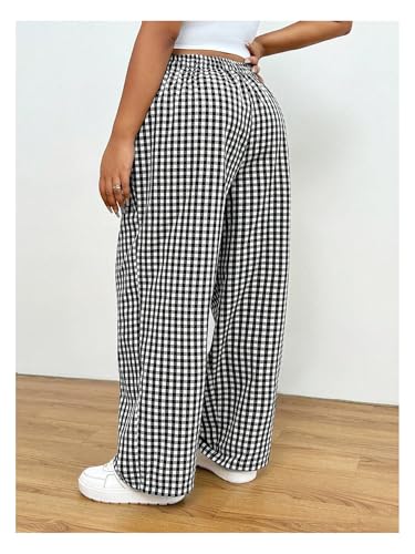 Floerns Women's Plus Size Drawstring Waist Gingham Plaid Baggy Wide Leg Pants2