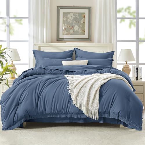 Image of Andency Full Size Comforter Set Bluish Grey -7 Pieces Boho Tassel Bed in a Bag Soft Lightweight Bedding Sets, Fringe All Season Bed Set with Comforter, Sheets, Pillowcases & Shams