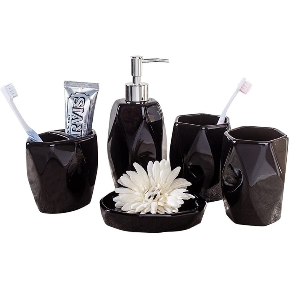 DSMYYXGS 5 Piezas Juego de Accesorios para Baño, Patrón de Diamante de Cerámica Mate, Porta Cepillos de Dientes/Jabonera/Dispensador de Jabón/Vaso para Enjuague Bucal (Color : Black)