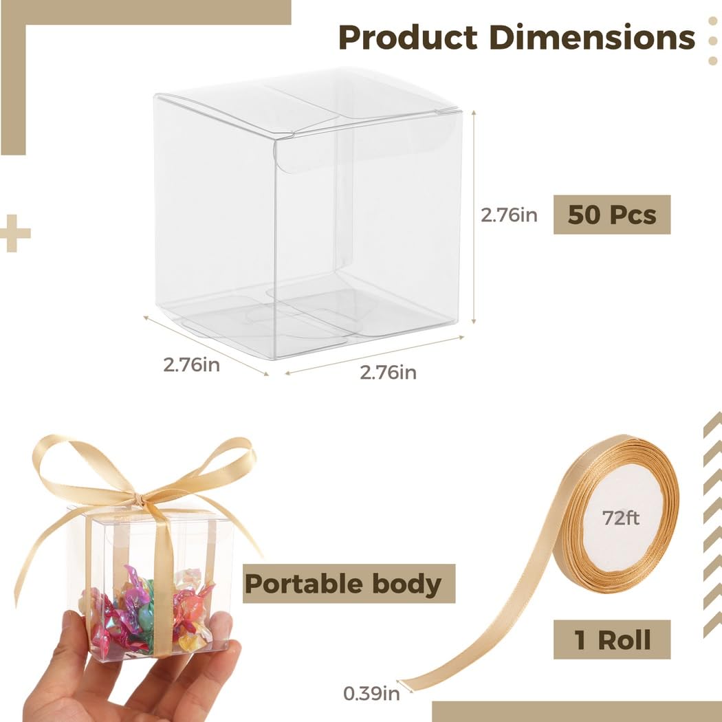 50 Stk. Klare Geschenkboxen, 2,76 × 2,76 × 2,76 Zoll, Party-Geschenkboxen mit Geschenkband, kleine Kunststoffboxen, Würfelboxen für Gebäck, Cupcake, Süßigkeiten, Hochzeit, Party