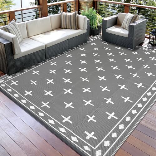 Garvee 8x10 Outdoor Rug, Reversible Waterproof Plastic Straw Patio Mat with Geometric Border Design, Camping & RV Floor Rug for Deck, Balcony, Backyard, Beach and Picnic,Grey