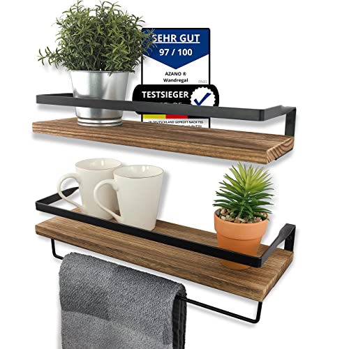 Die schönsten Küchenregale aus Holz 26 AZANO Schweberegal Wandregal für Küche | 100% Echtholz | Holz und Metall Schwarz | ideal für Küche Badezimmer Flur Wohnzimmer | mit Handtuchhalter Industrial Design Deko Holzbrett 2 Stück