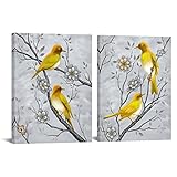 RyounoArt Yellow and Grey Wall Art Bird Pictures Gray Yellow Canvas Paintings for Kitchen Bathroom Wall Decor Ready to Hang 12 * 16 inch Each