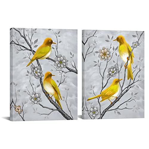 RyounoArt Yellow and Grey Wall Art Bird Pictures Gray Yellow