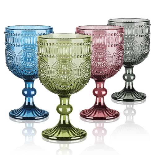 Joeyan 350ml Bicchieri acqua Vetro Colorati Calici,4 pezzi Bicchieri Decorati Vetro in Girasoli Rilievo,Vintage Calici Vino Rosso/Bianco per Cocktail aperitivo Liquore Grappa,Lavabile in Lavastoviglie