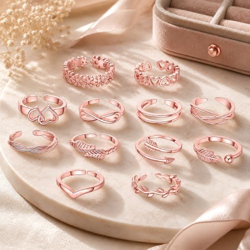Image of 12PCS Toe Rings for Women 14K Gold /Silver Plated Adjustable Toe Ring Set Open Heart Arrow Infinity Rings Beach Foot Jewelry for Summer
