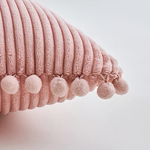 Miulee Boho Decorative Throw Pillow Covers With Pom-Poms, Soft Corduroy Square Solid Lumbar Cushion Cases For Spring Couch Sofa Bedroom, 18X18 Inch Pink #TOP1
