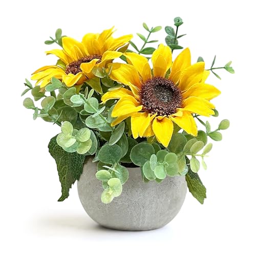 Lovmeety Artificial Sunflowers Potted Plants, Fake Flowers in Pot Yellow Sunflower Centerpieces for Tables Home Office Kitchen Bathroom Plant Decor