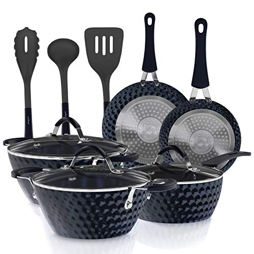 NutriChef 11-Piece Nonstick Kitchen Cookware Set - Excilon Blue Diamond Ceramic Home Kitchen Ware Pots and Pan Set with Saucepan, Frying Pans, Cooking Pots, Dutch Oven Pot, Lids, Utensil -NCCW11DS