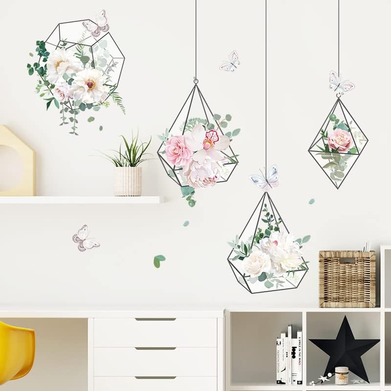 Miniatura 3 de Calcomanías de pared de cesta colgante de flores, cesta de plantas verdes florales extraíbles, calcomanías de pared de vinilo para despegar y pegar,