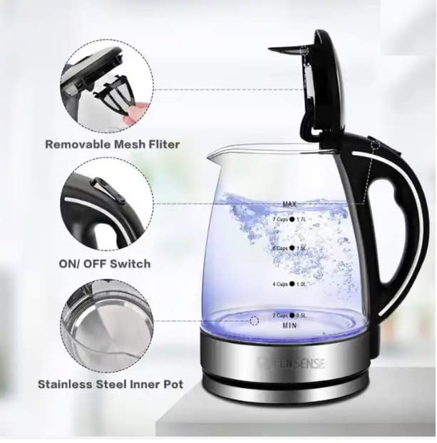 QUEENSENSE 1.7L 360° Base Rotacional Alta Stilbene Led-Light Hervidor de vidrio eléctrico 2