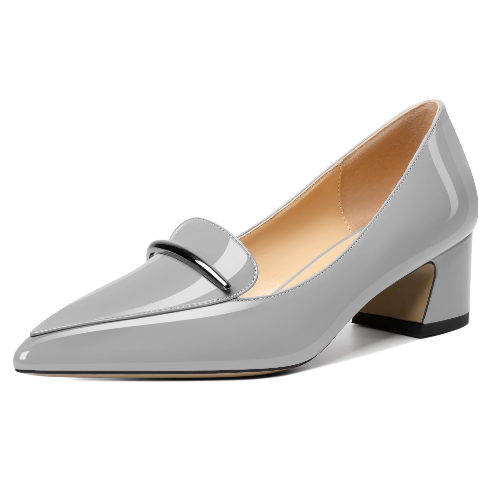 Soireelady Womens Block Heel Low Chunky Heels, Pointed Toe Loafer Heels Slip On Dress Shoes 2''