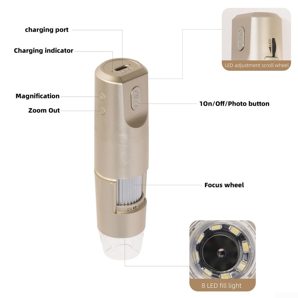 WiFi Digital Mikroskop 1080P Handheld 1000X Vergrößerung mit 8 LEDs für Haut Münze Leiterplatte Inspektion Gold