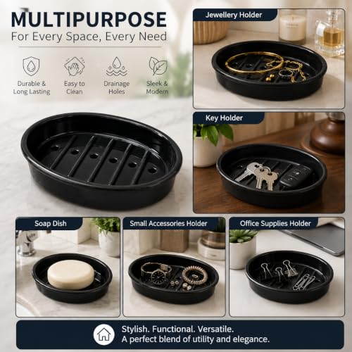 Image of Pure Source India Ceramic Soap Dish /Soap case Tray | Bath Accessories for Bathroom (13CM) (Black)