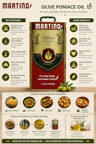 Image of Martino Olive Pomace Olive Oil 5L Tin, Roasting & Sauteing Rich Neutral Flavour, Everyday Indian Cooking & Deep Frying