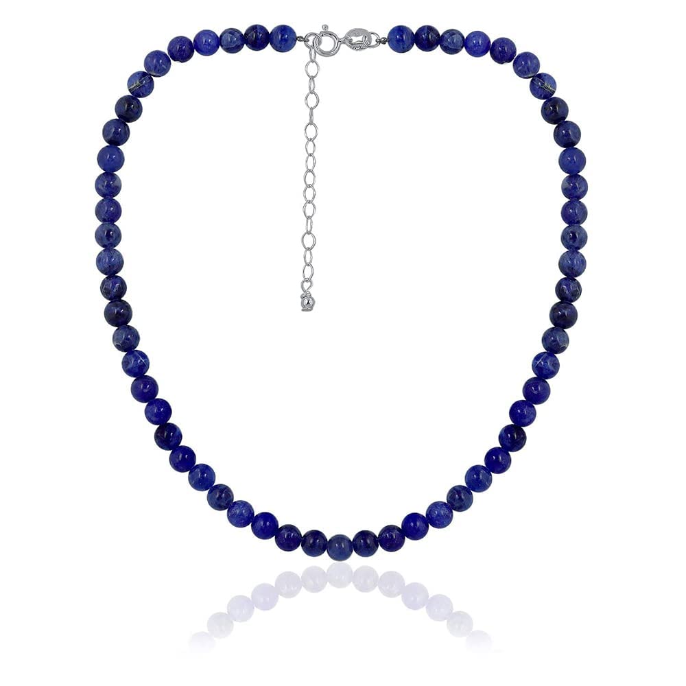 SEA OF ICE Precious Gemstone 6mm Round Beads Necklace 14" Plus 2" Extender with Sterling Silver Spring Ring Clasp