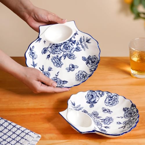 Image of Nestasia Ceramic Snack Plates Set of 2 - Serving Plate with Dip Section for Chutney | Microwave & Dishwasher Safe Shell Shaped Design for Kids & Adults - Perfect for Fries, Momos, Kebab (Blue & White)