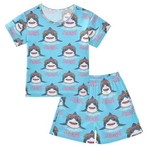 ALAZA Shark with Flower Wreath Blue Pajamas Set Short Sleeve Cotton Sleepwear Summer Pjs 2 Piece 5-14Y