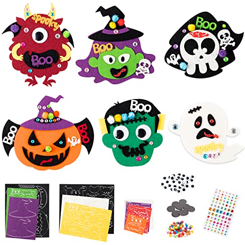 Haooryx Kit de 12 imanes de nevera para Halloween, kit de manualidades de fieltro, fantasma, monstruo, bruja, calabaza, vampiro, juegos interactivos, proyectos de arte para niños y vacaciones