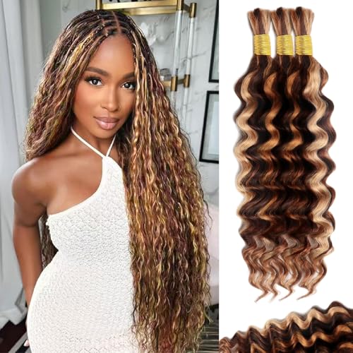 MUXFILLA 14 Inch Highlight Human Braiding Hair for Boho Braids P4/27/30 Ombre Brown Blonde Deep Wave Curly Boho Braids Hair Extensions 100g for Braiding Knotless 3 Bundles/Pack