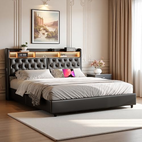PerGar Cama Doble tapizada de 180 x 200 cm, con canapé hidráulico, Cama Juvenil con Carga USB y cabecero LED, Estructura de canapé, sin colchón, Funda de PU, Color Negro