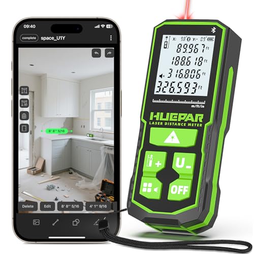 Laser Distance Measure 330Ft. Huepar Digital Rechargeable Laser Measuring Tool with Bluetooth -Phone APP, Angle Sensor, 1/16in Accuracy, M/in/Ft Unit, Pythagorean Mode, Measure Distance, Area, Volume