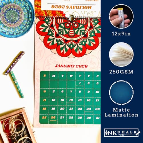 Image of 12 inchx9 inch Mandala Wall Calendar 2026 | Traditional Indian Art | Bold Dates | Wiro-Bound | Matte Laminated | Indian Holidays Marked