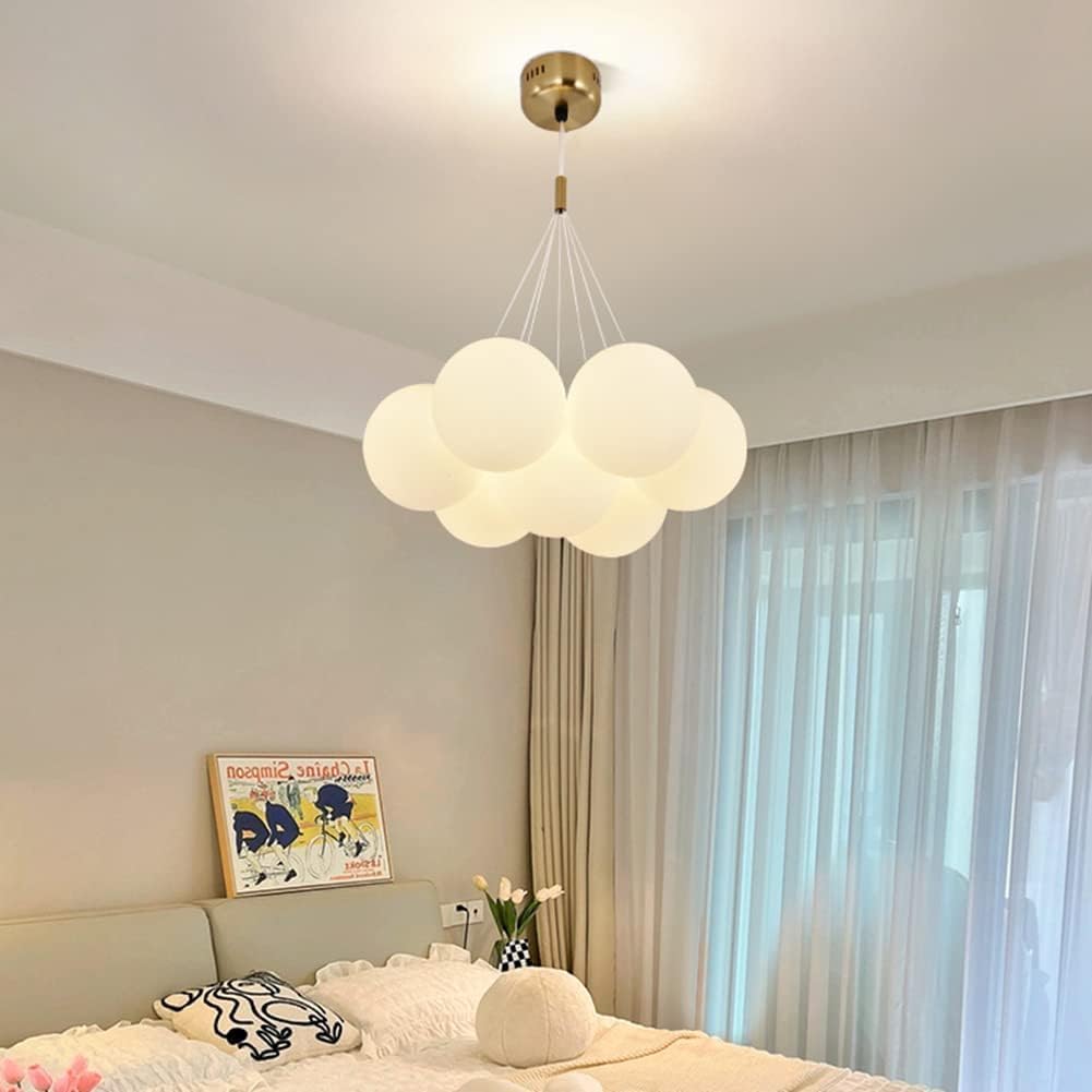 SYAXVOM Milk White Dining Room Chandelier 7 Frosted Glass Ball Pendant ht Nordic Mid-Century Golden Bubble for Farmhouse Bedroom Living Foyer