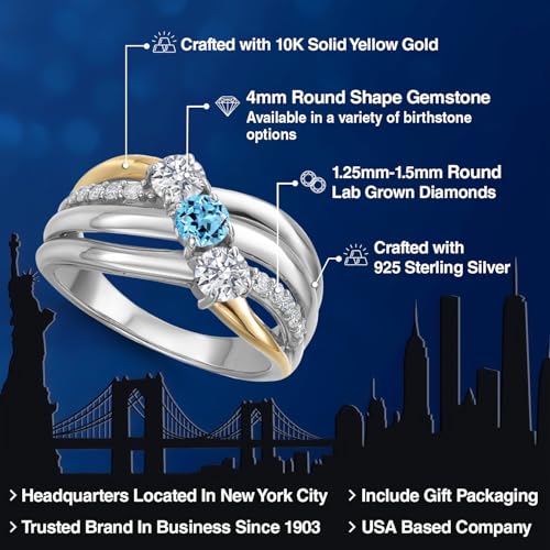 925 Silver and 10K Yellow Gold Lab Grown Diamond and Swiss Blue Topaz and Lab Grown Diamond Engagement Ring for Women | 1.05 Cttw | Round 4MM | Gemstone April Birthstone | Available in Size 5,6,7,8,92