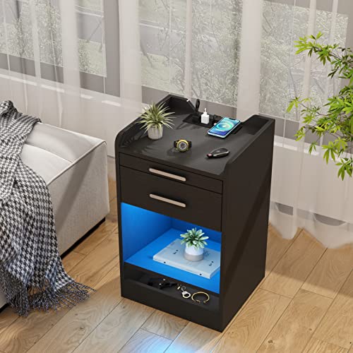 Gyfimoie Led Nightstand With Wireless Charging Station, Modern Bedroom End Side Table With Rfid Lock Cabinet And Power Outlets, Sofa Bedside Table With Hidden Compartment For Valuables Storage, Black #TOP4