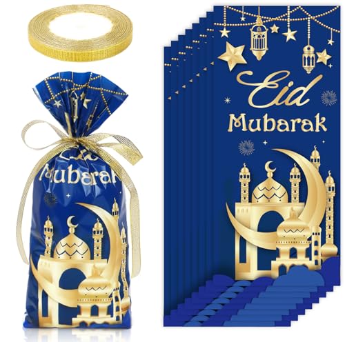 Whaline 100 Pcs Eid Mubarak Cellophane Bags with Ribbon Ramadan Plastic Treat Bags Blue Gold Candy Goodie Bags for Islamic Muslim Party Snack Cookie Packing Supplies