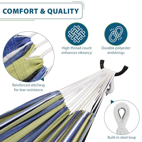 Image of Vivere Double Cotton Hammock with Space Saving Steel Stand, Upgraded Polyester End Strings 450 lb Capacity - Premium Carry Bag Included (Oasis)